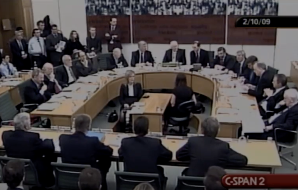 A grilling of recalcitrant bankers by members of the Treasury Committee led by committee chair John McFall MP in the Thatcher Room , Portcullis House, Houses of Parliament.